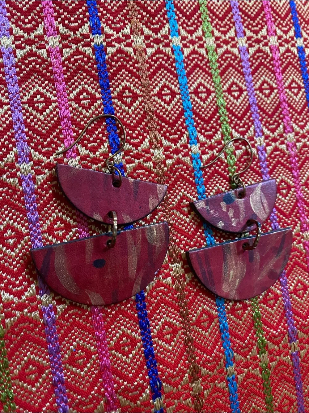 Handmade 100% Leather pink bronze blue fan dangle earrings. New. high quality